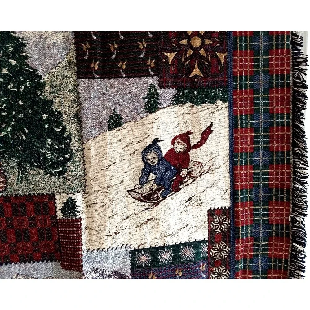 Goodwin Weavers Tapestry Throw Blanket Christmas 100% Cotton Plaid Green Red USA
